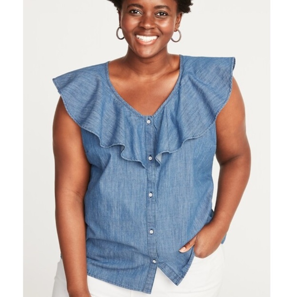RUFFLED V-NECK BUTTON DOWN CHAMBRAY SLEEVELESS TOP PLUS SIZE